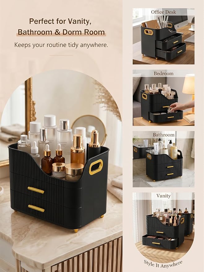 Booklov Countertop Makeup Organizer with Drawers, 3 Tier Large Cosmetic Storage Box for Vanity, Bathroom Counter, Dresser, Skincare Display Case for Lipsticks, Beauty Palettes, Teen Girl Gifts, Black