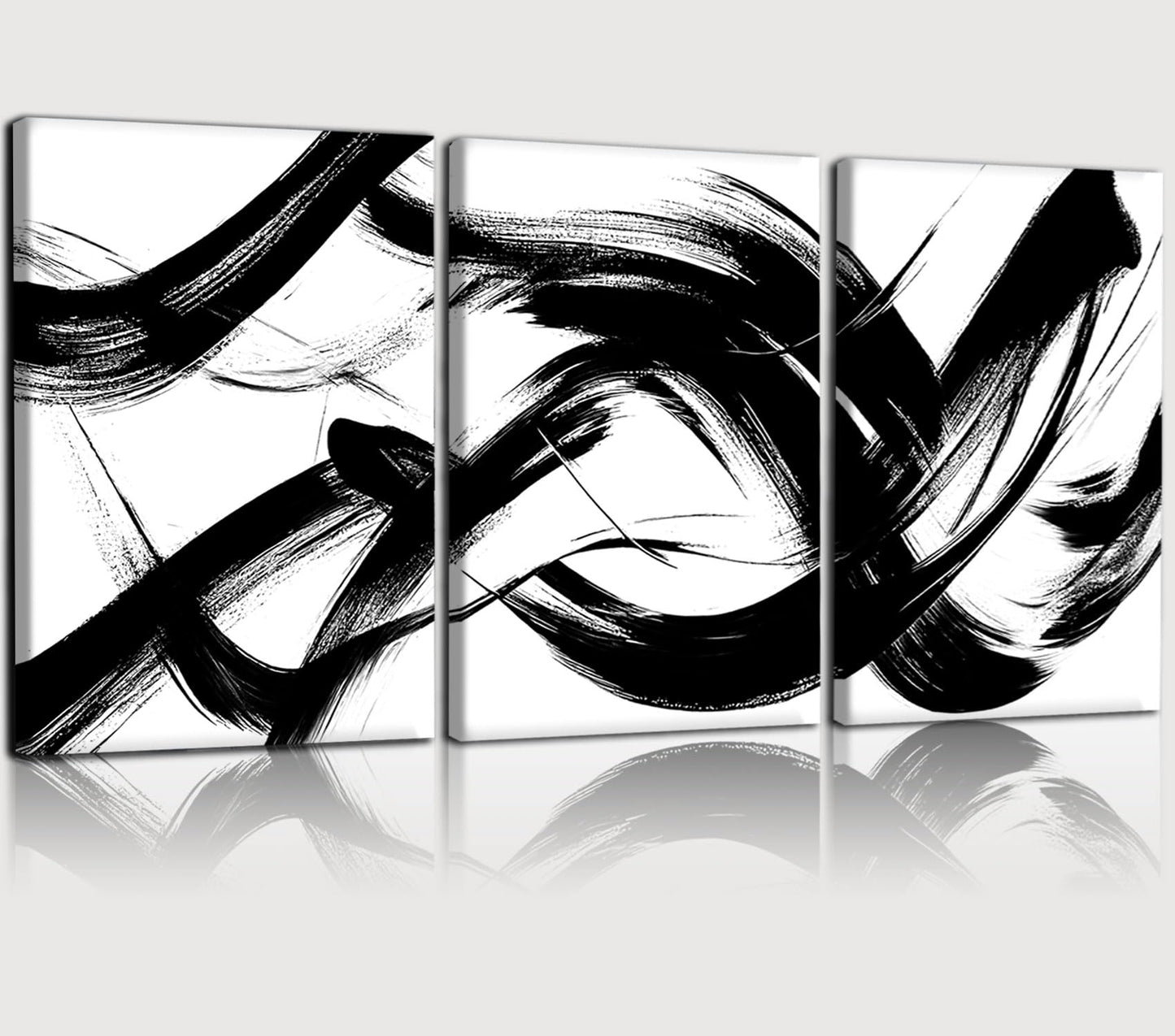 RUURUU 3Pcs Framed Black and White Abstract Wall Art Black Lines Canvas Wall Decor Brush Stroke Pictures Modern Minimalist Gallery Posters Paintings Prints For Living Room Bedroom Home Office 12x16 Inches