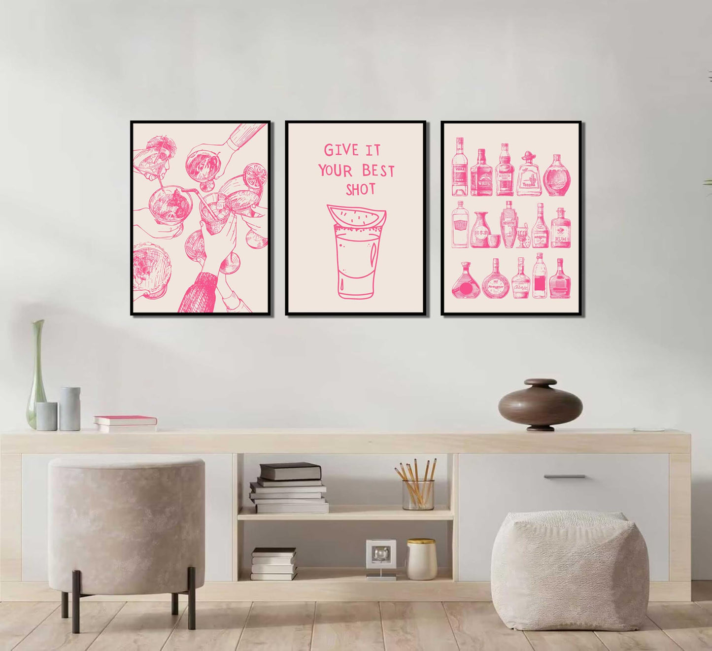 3Pcs Pink Bar Cart Wall Art Coquette Trendy Alcohol Bottles Poster Pictures Retro Cocktail Cheer Canvas Painting Girly Preppy Alcoholic Beverage Wall Decor Funky Cocktail Wiskey Prints Unframed