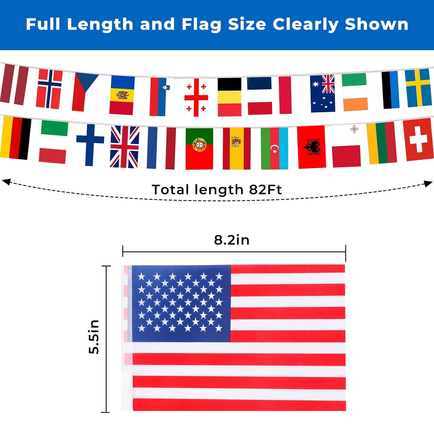 100 Country Flags Banner 82ft, Pre-Strung Reusable Polyester Flags of the World International Bunting for Classroom Decor, Party, Festival, Patio & Outdoor Events