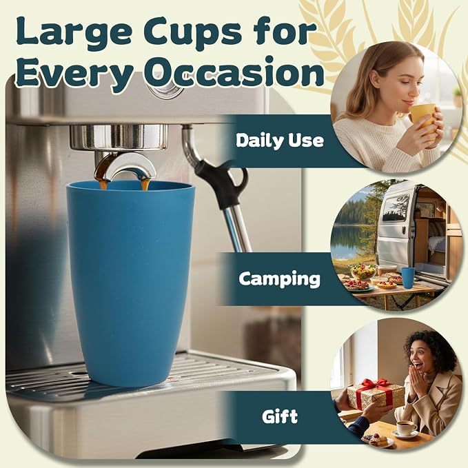 Wrova Wheat Straw Cups Reusable Kitchen Cups Set of 8, Unbreakable 20oz Drinking Cups Alternative to Large Plastic Cups, Dishwasher Safe Big Tumblers & Water Glasses- Vibrant