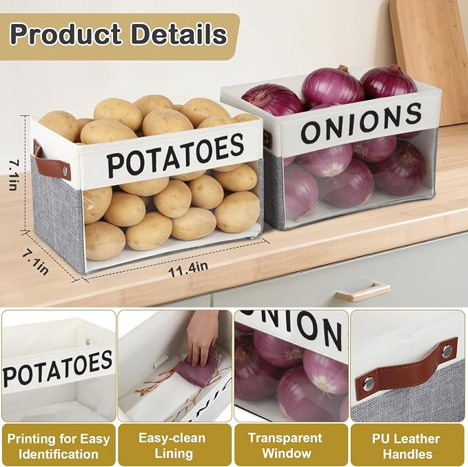 2 Pack Onion and Potato Storage Bins,Portable Vegetable Storage Basket with Handles,Large Kitchen Storage Container for Onion, Potato, Fruit, Vegetables,Countertop Kitchen Organization Container
