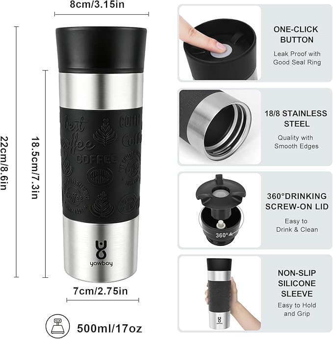 Travel Coffee Mug with 360°Lid, Travel Coffee Tumbler 16 oz Leak Proof, Stainless Steel Insulated Travel Mugs for Hot and Cold Spill Proof Leak Proof(Black)