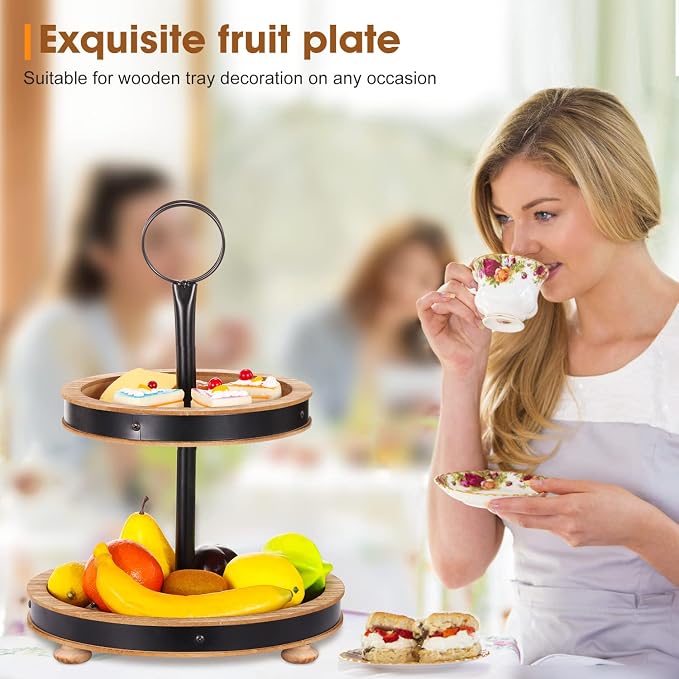 Urban Deco Wood Tiered Tray - 2-Tiered Farmhouse Serving Tray with Metal Handle for Kitchen Counter or Living Room Table
