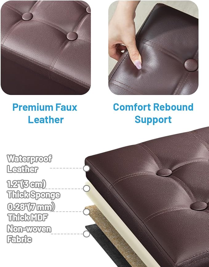 AmasSmile Storage Ottoman Folding Foot Rest Stool with Side Pocket, 16 inch Leather Footstool Bench, Short Ottoman Bench, Storage Foot Rest Store, Books, Brown
