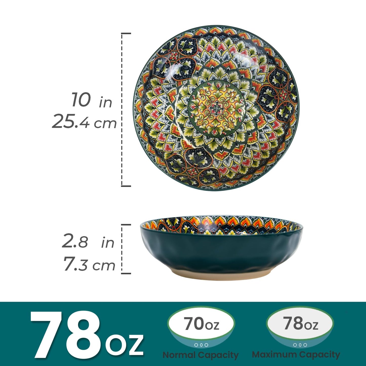 Zohsfbet Large Serving Bowls, 10 inch Porcelain Bowls, 75 Oz Fruit Salad Soups & Pasta Bowls for Entertaining, Dinner, Party - Stylish Decorative Dishes, Set of 2, Microwave & Dishwasher Safe - GREEN
