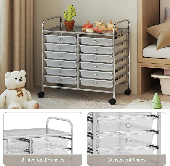 COSTWAY 12-Drawer Rolling Storage Cart, Utility Storage Organizer Cart for Tools, Scrapbook, Paper, Craft, Multipurpose Art Supply Organizer on Wheels for Home Office School, Teacher, Clear