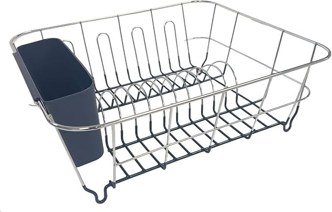 Dish Drying Rack & Cutlery Holder 2 Piece Set - Compact Sink-Fitting Dish Drainer with Rubberized Undercoating, Space-Saving Kitchen Organizer for Plates, Cups, Bowls & Utensils in Sink, Navy Blue