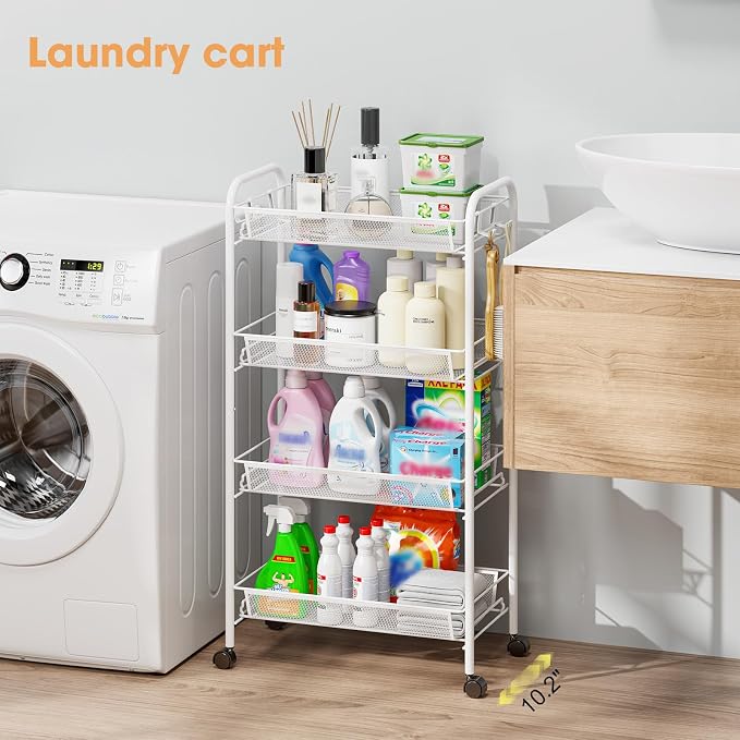 TOOLF 4-Tier Rolling Cart, Metal Utility Cart with 3 Hooks, Easy Assemble Mobile Storage Trolley On Wheels, Metal Shelving Units Kitchen Bathroom Laundry Room