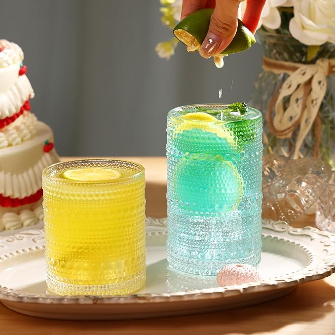 Moretoes Water Glass Cups Set of 2 Hobnail Drinking Glasses, Vintage Glassware 12 Oz Highball Glasses & 10 Oz Cocktail Glasses, Clear Embossed Tumbler Glassware Set for Whiskey, Beer, Juice, Milk