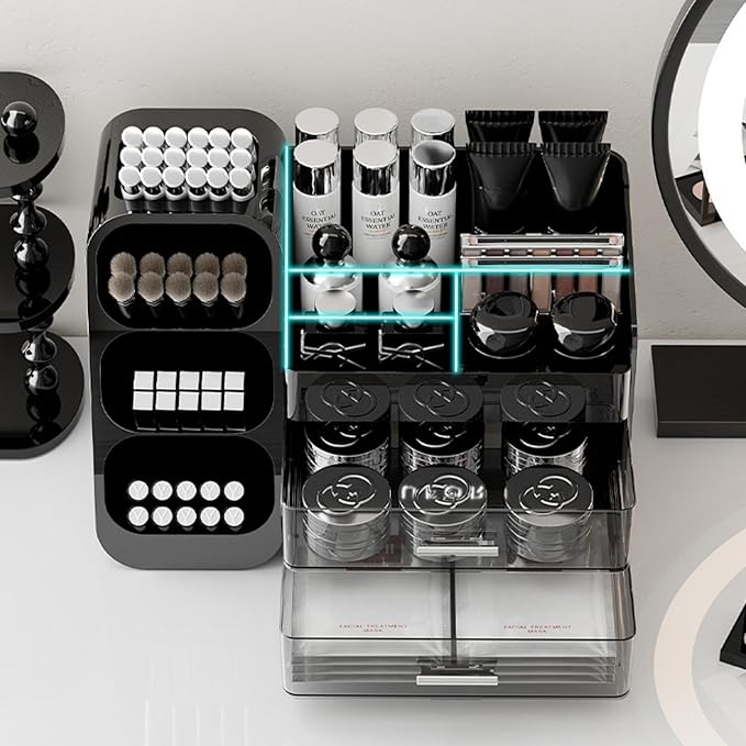 Makeup Organizer with Drawers,Large Capacity Countertop Organizer for Vanity,Bathroom and Bedroom Desk Cosmetics Organizer,Easy To Storage Skincare,Brushes,Lotions,Lipstick (Black)