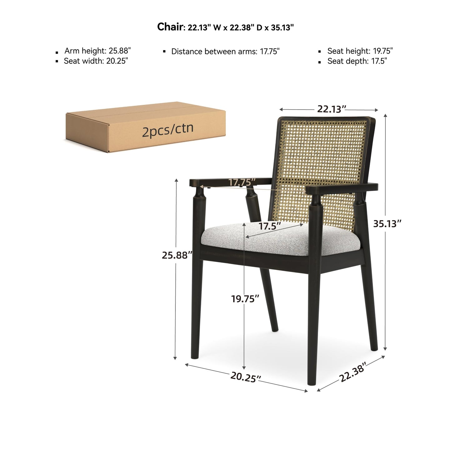 Signature Design by Ashley Galliden Rustic Solid Wood Upholstered Dining Arm Chair with Faux Cane Backrest, Set of 2, Light Brown & Black