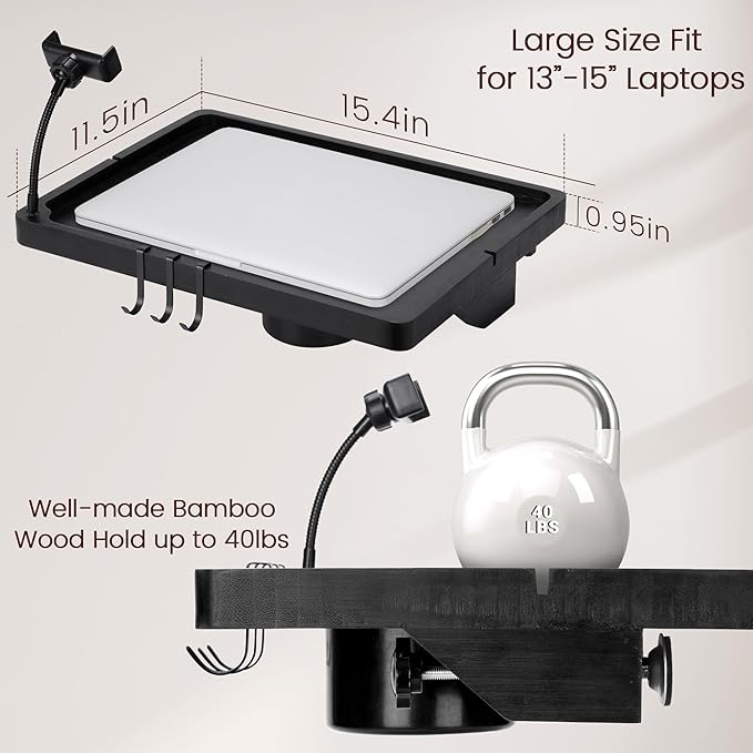 Bedside Shelf for Dorm Bed & Top Bunk, Bamboo Bed Side Table Tray with Cup Phone Holder & Hooks, Bedside Caddy, Clip on Nightstand Bedside Storage College Dorm Room Essentials (Black)