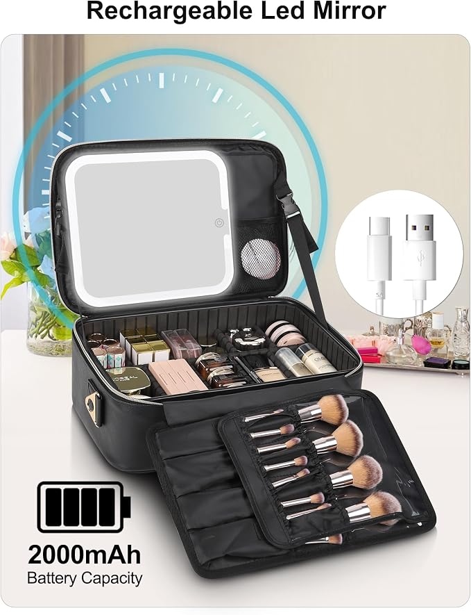 Relavel Makeup Train Case With LED Mirror, Professional Travel Cosmetic Bag with Removable Partitions,Compact Makeup Organizer, Waterproof Toiletry Case for Women, Black