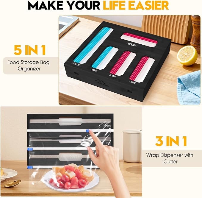 9 in 1 Foil and Plastic Wrap Dispenser with Cutter, Black Bamboo Ziplock Bag Organizer for Drawer - Holds Gallon, Quart Bags & Aluminum Foil/Wax Paper, Wall Mountable Kitchen Storage