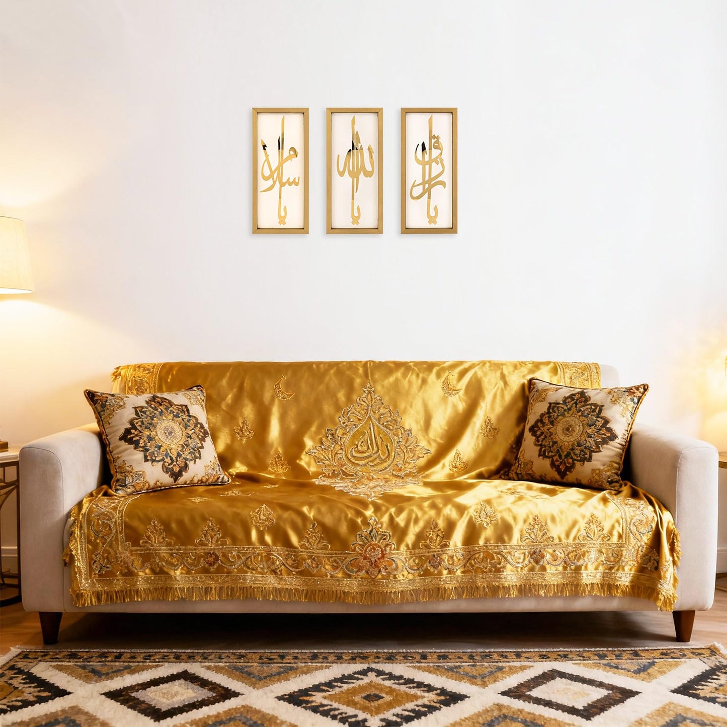 flangairy Set of 3 Islamic Wall Art, 15.7×7.1 Inch Gold Acrylic Arabic Calligraphy Allah Muhammad Ali Wooden Muslim Wall Decor, Eid Ramadan Living Room Bedroom Decorations for Home, Housewarming Gift