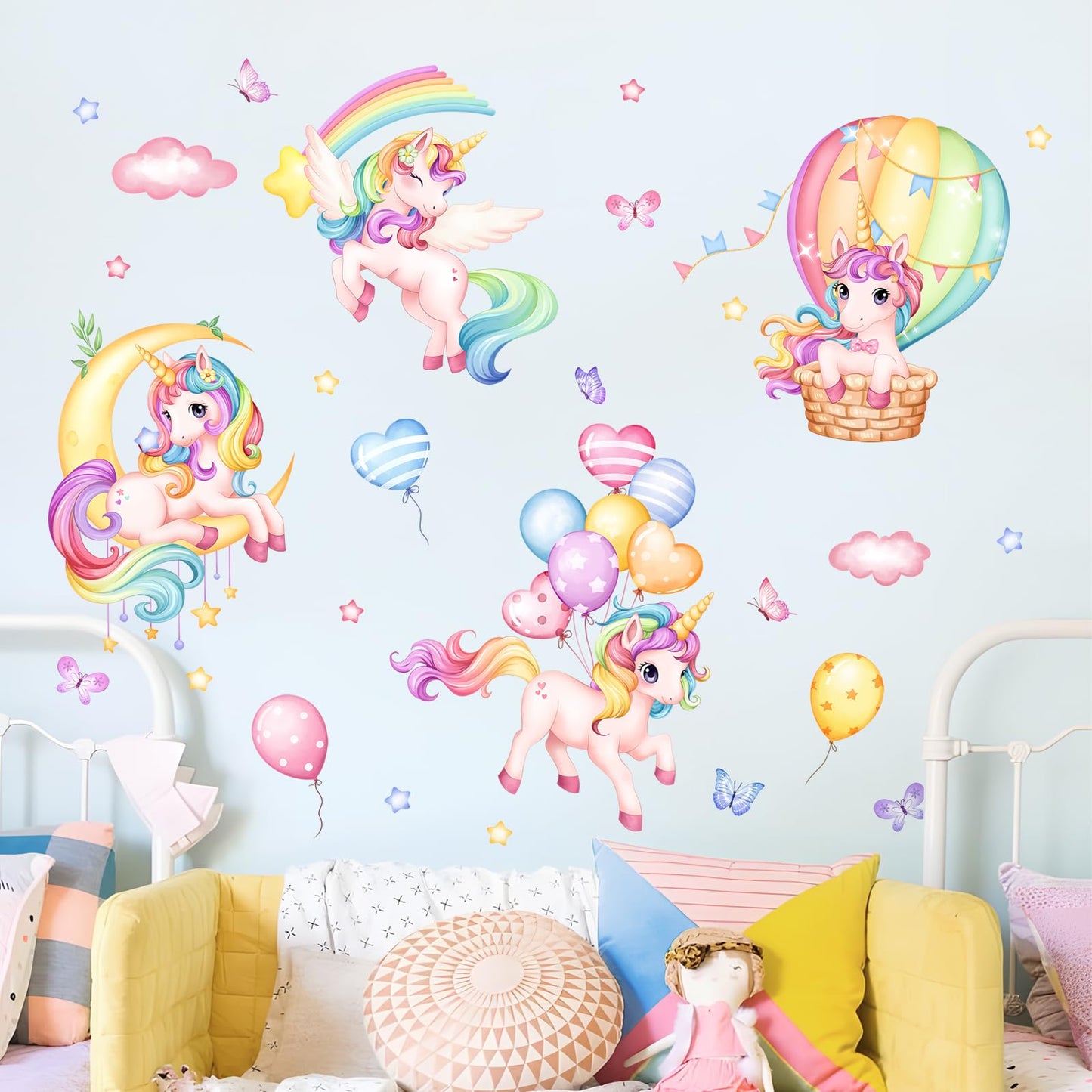 Unicorn Rainbow Wall Decals Hot Air Balloon Moon Clouds Stars Wall Stickers Baby Nursery Girls Bedroom Kids Room Wall Decor