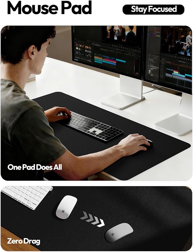 YSAGi Leather Desk Protector, Office Mat, Large Mouse Mat, Non-Slip PU Leather Blotter, Laptop Desk Pad, Waterproof Writing Pad for Office and Home (Black, 47.2" x 23.6")