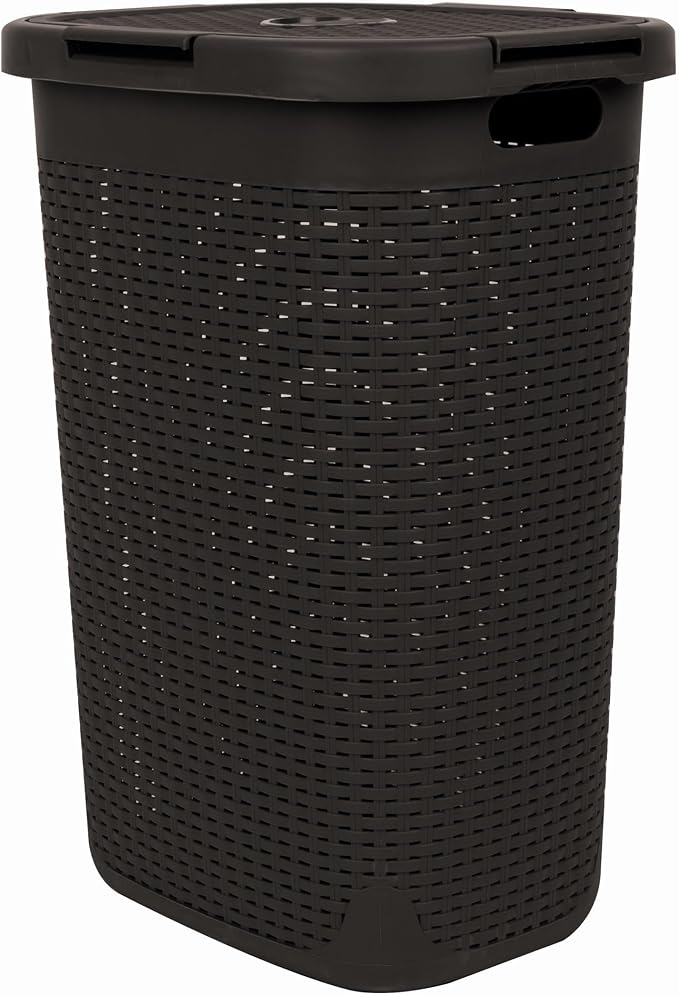 Mind Reader Slim Laundry Hamper with Lid, 60L Tall Clothes Basket, Narrow Tapered Design for Bathrooms, Closets and Laundry Rooms, Plastic, Brown