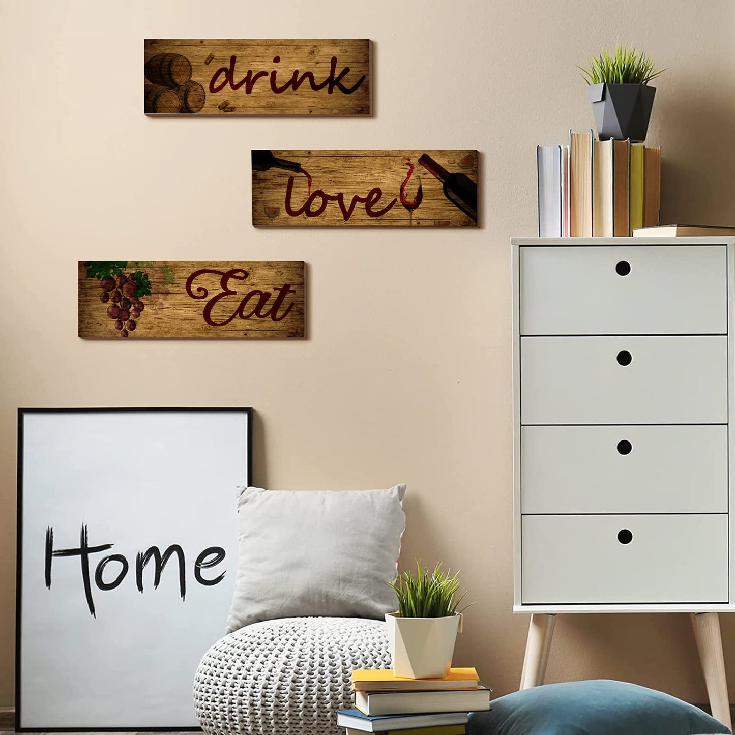 3 Pieces Red Wine Wall Art Wooden Barrel Wall Plaque Love,Eat,Drink Wood Signs Food Kitchen Decor Fruit Grape Wall Decor Retro Wine Cup/Bottle Picture for Dining Room Wine Cellar Artwork (Black)