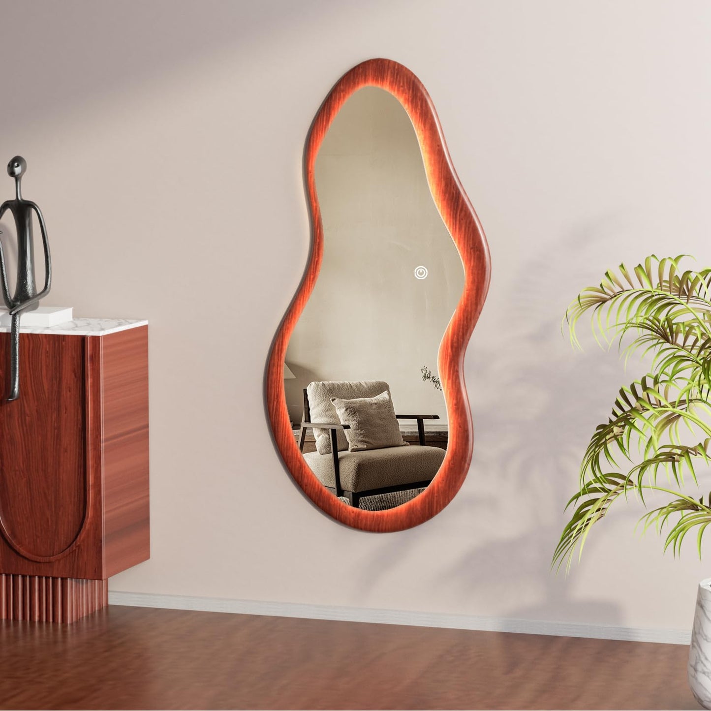 osemy 48"x 24" LED Wood Full Length Mirror with Lights Irregular Wavy Full Body Mirror Shatter-Proof Hanging/Leaning Wall Mounted Walnut Wooden Framed for Dressing Bedroom Living Room