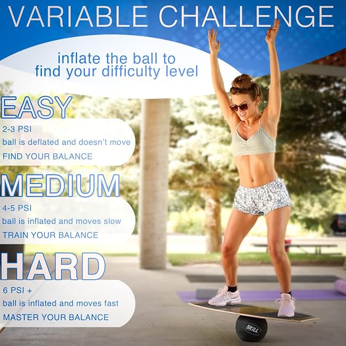 The Skill Board - Wooden Balance Board for Adults - Wobble Board for All Sports, Gym, Standing Desk, or Yard Games - Balance Trainer, Fitness Ball, Ball Pump, Grip Tape