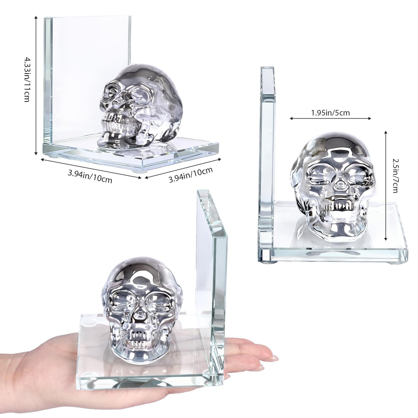 Skull Bookends Set of 2 – L Shaped Crystal Skull Decorative Bookends, Heavy Duty Non-Slip Book Ends for Shelves, Office and Home Decor