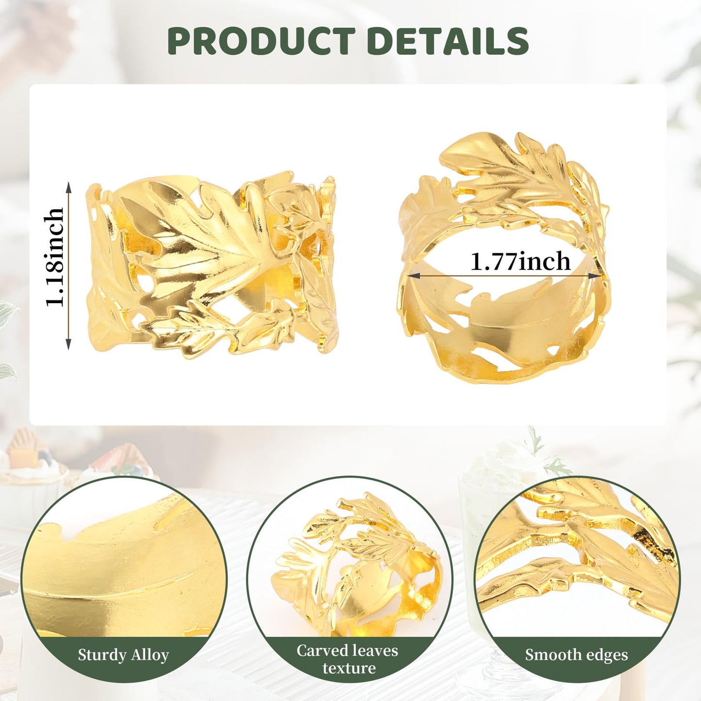 12 Pcs Gold Leaf Napkin Rings Set,Hollow-Out Golden Leaves Napkins Rings Elegant Alloy Holders Bulk for Art Gathering,Thanksgiving Christmas Table Setting Decor,Party Decoration,Daily Use(Round 12)