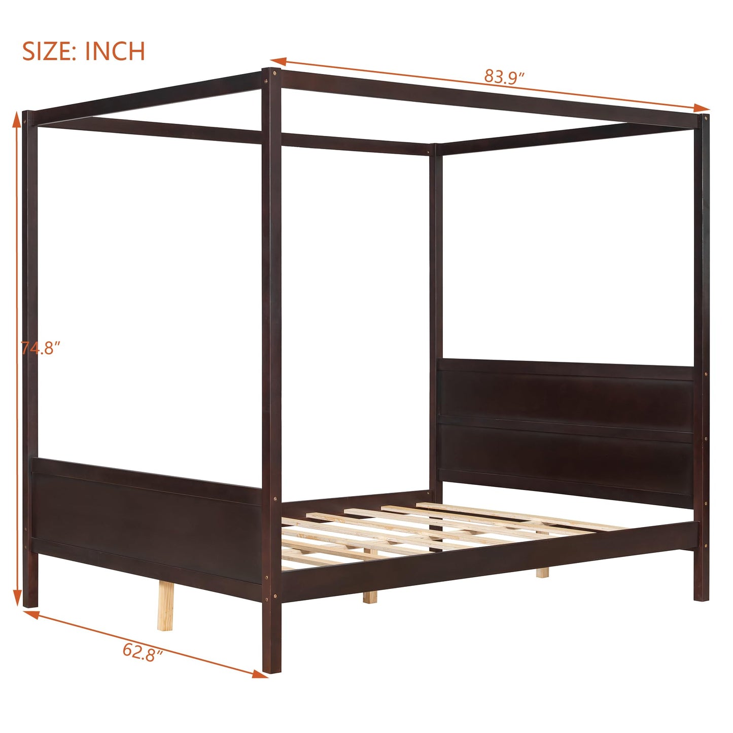 Merax Queen Size Canopy Bed with Headboard and Footboard, Solid Wood 4 Posters Platform Bed with Slat Support Leg, No Box Spring Needed, Espresso