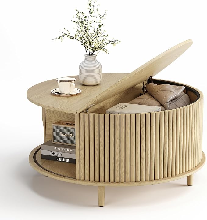 JOINICE,Round Coffee Table with Storage, 31.5" Natural Oak Fluted Center Table with Sliding Door, Modern Circle Drum Table for Living Room, Scandi Wood Furniture for Small Spaces