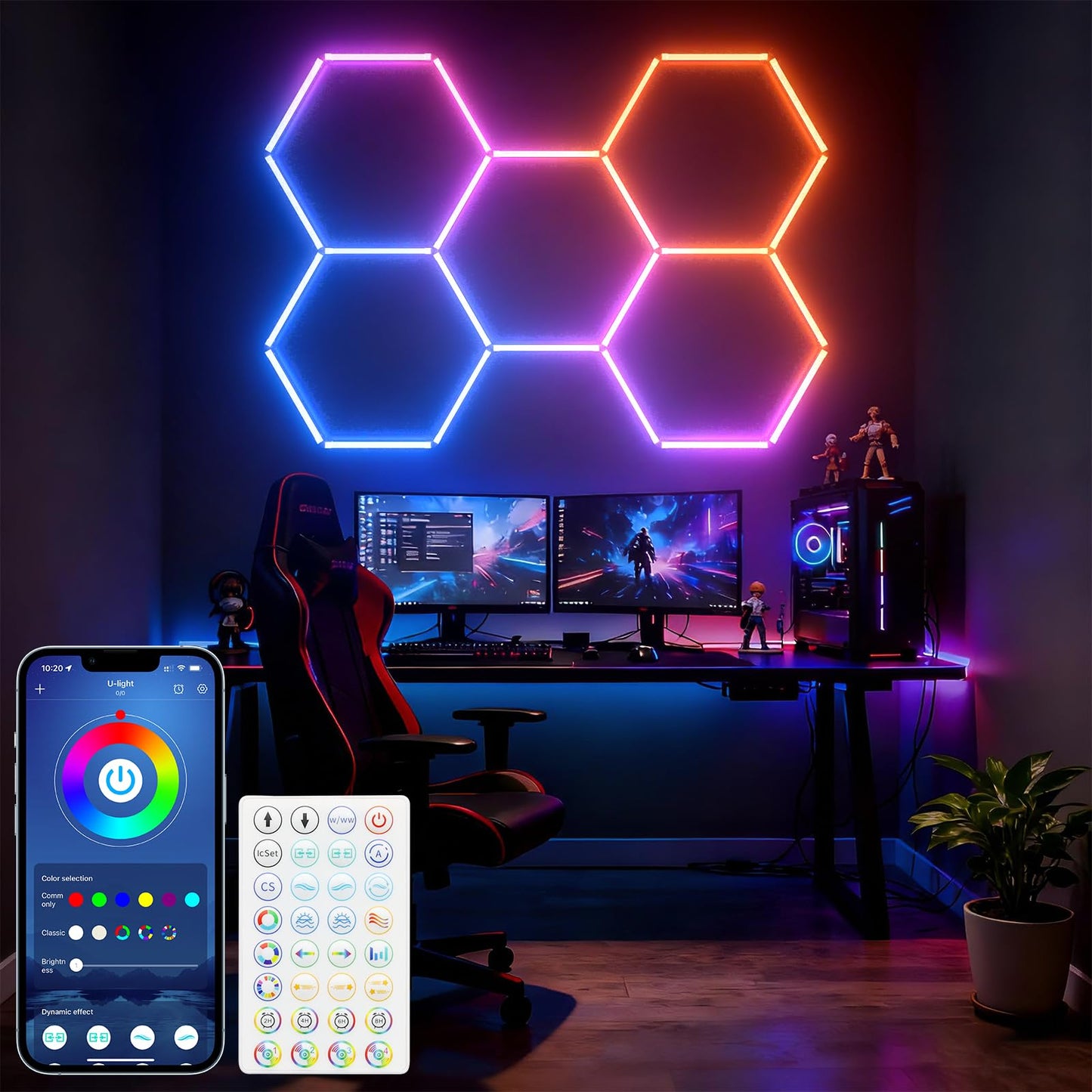 ALLYES Hexagon Garage Lights - RGB Hexagon Wall/Ceiling Lights with Music Sync Dimmable & Speed Adjustable Modes, App & Remote Control, Multi-Scene Honeycomb Light for Gaming Room, Bar, Party, Gym