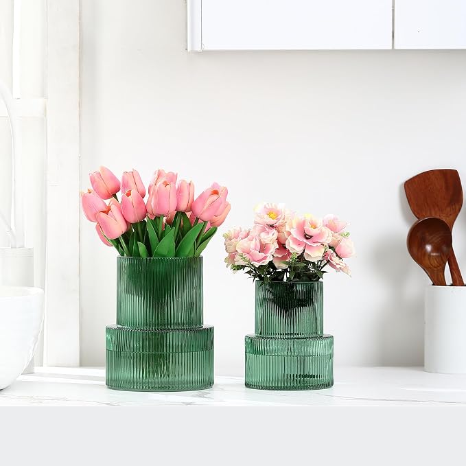 Ribbed Glass Vases for Bouquet, Set of 2 Green Vases for Flowers, Green Glass Vase for Tulips, Modern Vase for Living Room, Office, Coffe Table, Dining Table, Shelf, Wedding
