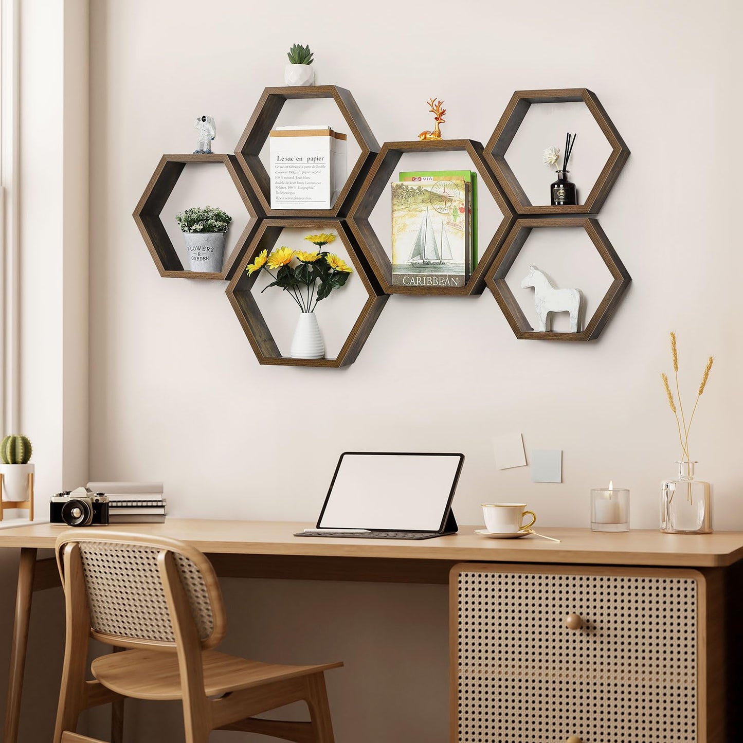 YBING Hexagon Shelves for Wall, Wood Honeycomb Floating Shelves Set of 6,Farmhouse Hexagonal Decorative Storage Shelf MDF for Living Room Bedroom Brown