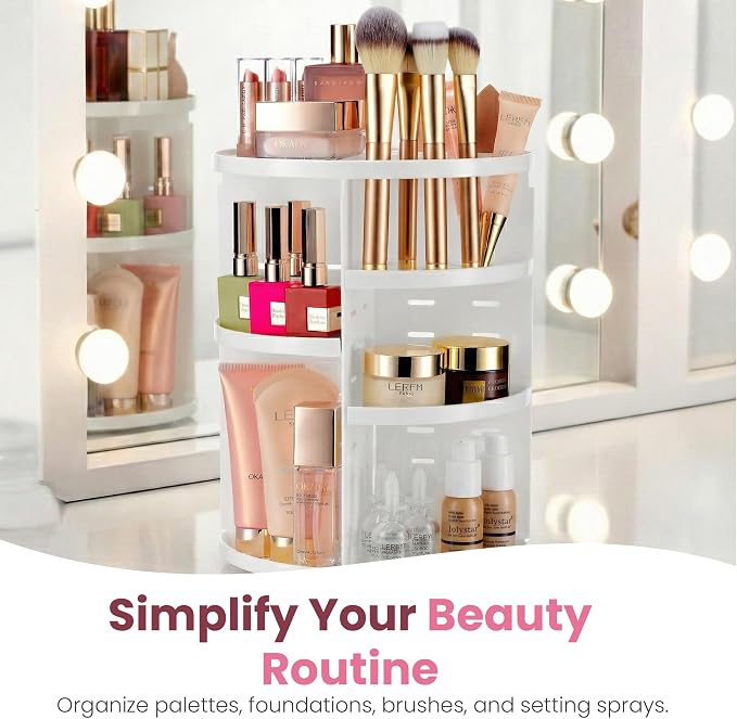 Masirs 360 Rotating Makeup Organizer for Vanity, Adjustable Shelf Height, Large Capacity Cosmetic and Skincare Storage, Lazy Susan Perfume Organizer for Dresser, Bathroom Countertop, White