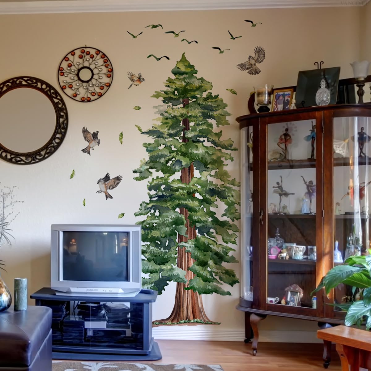 Large Tree Wall Sticker 4 Sheets Green Pine Tree Wall Decal Peel and Stick Bird Wall Art Decor 3D Woodland Animals Wall Stickers for Living Room