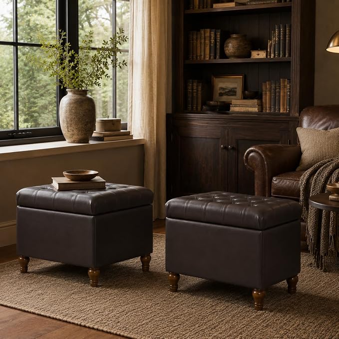 Spatial Order Medium Tufted Storage Ottoman - Espresso Brown Faux Leather