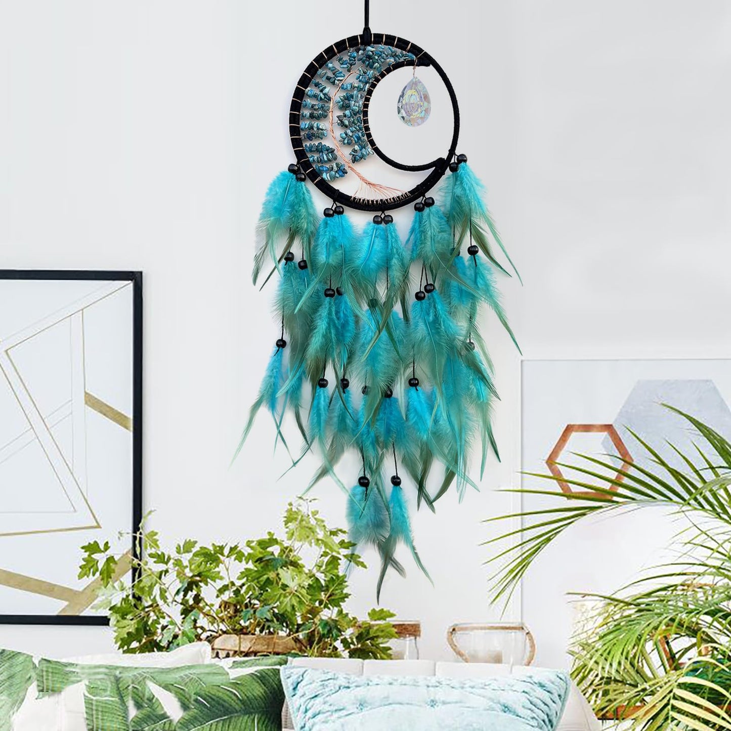 RAGKUU Blue Dream Catcher Wall Decor Tree of Life Dream Catchers with Crystal Pendant Handmade Feather Dreamcatcher Wall Hanging Ornament for Bedroom Living Room Home Decor