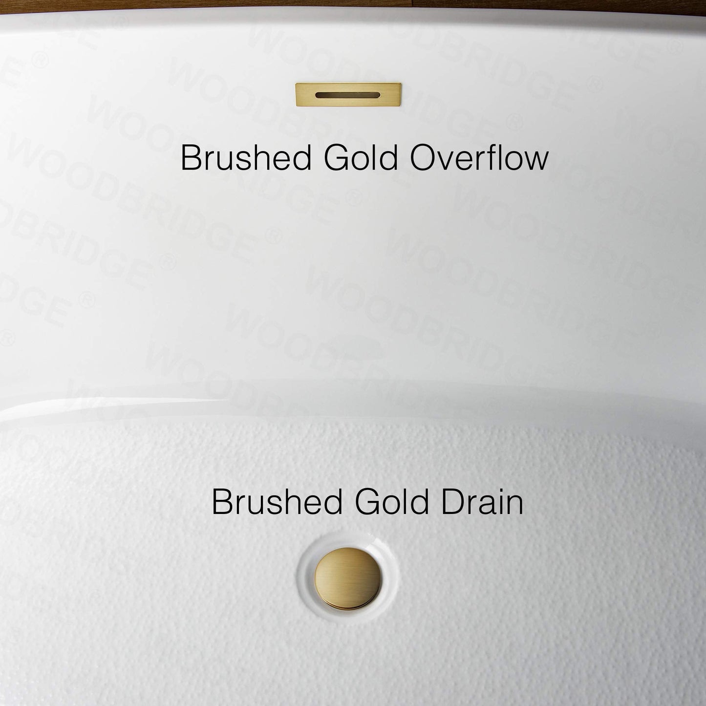 WOODBRIDGE 67" Acrylic Freestanding Bathtub Contemporary Soaking White Tub with Brushed Gold Overflow and Drain，B0013 -BG-Drain &O