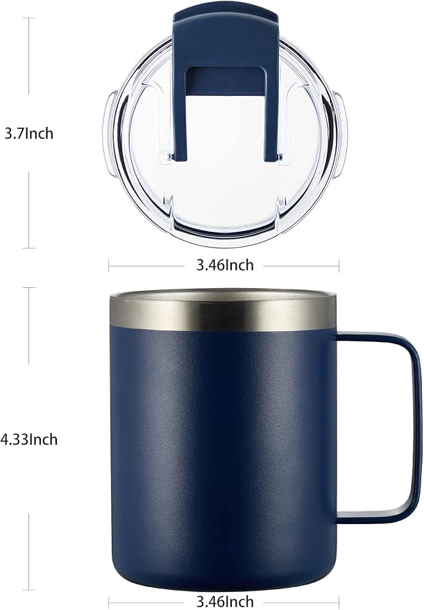 12oz Insulated Coffee Mug Cup with Handle, Stainless Steel Travel Coffee Mug with Flip Lid, Double Wall Vacuum Coffee Tumbler, Navy