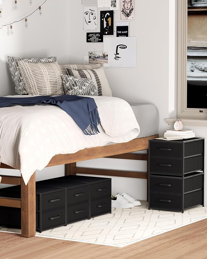 Homsorout Stackable Storage Drawers - 2 Tier Closet Organizer with Metal Frame and Handles, Fabric Dresser with Collapsible Bins for Bedroom, Dorm, Office, Black, 1 Pack
