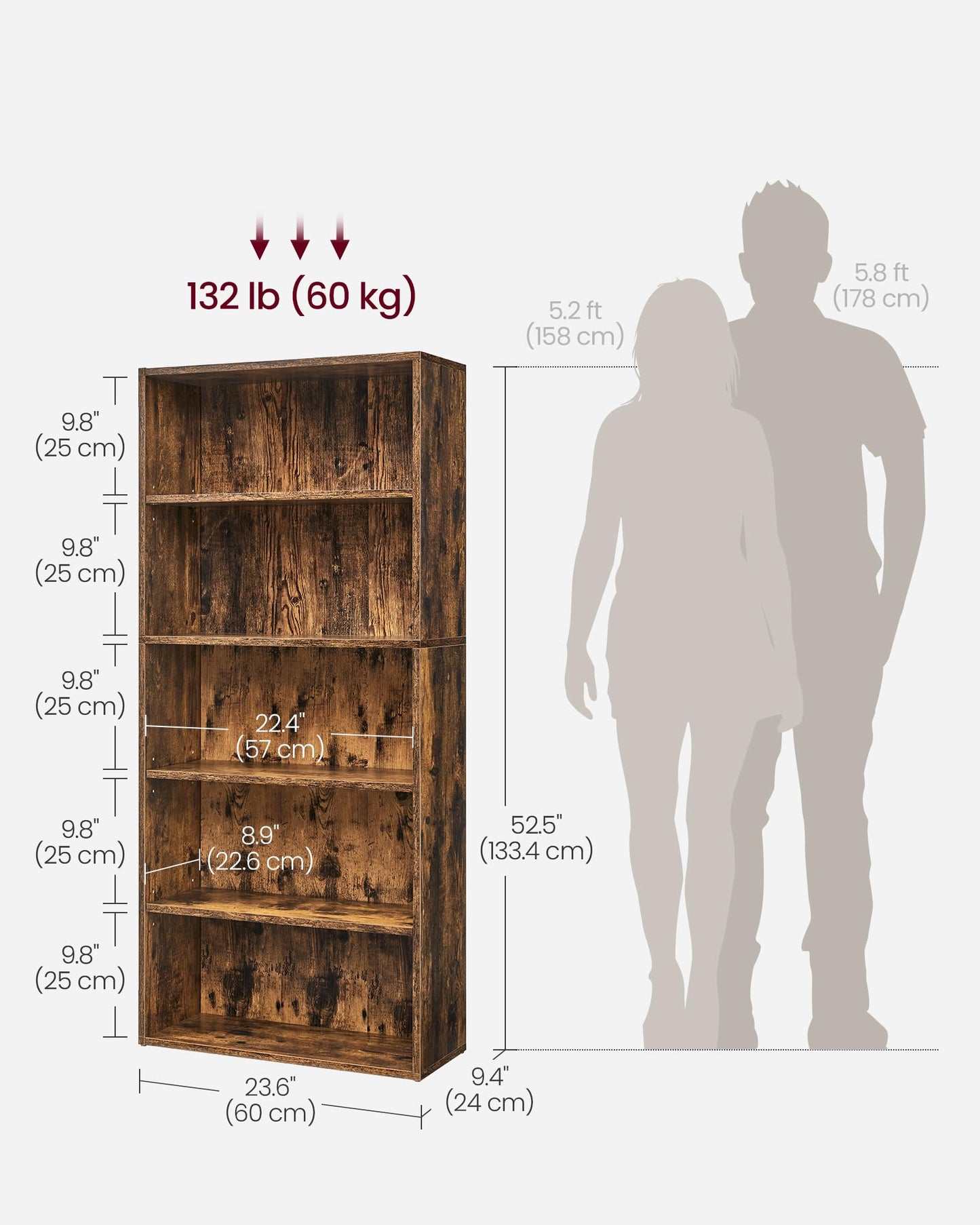 VASAGLE CUSTOS Collection - Bookshelf, 5-Tier Bookcase, Book Shelf, Open Storage Shelf, 9.4 x 23.6 x 52.5 Inches, for Living Room, Home Office, Dining Room, Rustic Brown ULBC165X01
