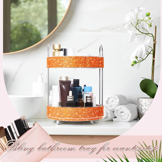 Honeydak 360 Rotating Perfume Organizer Gift for Women, Rhinestone Preppy Skincare Organizer Bathroom Counter Makeup Holder Skincare and Perfume Storage for Cosmetic(2 Tiers,Resin Diamond,Orange)