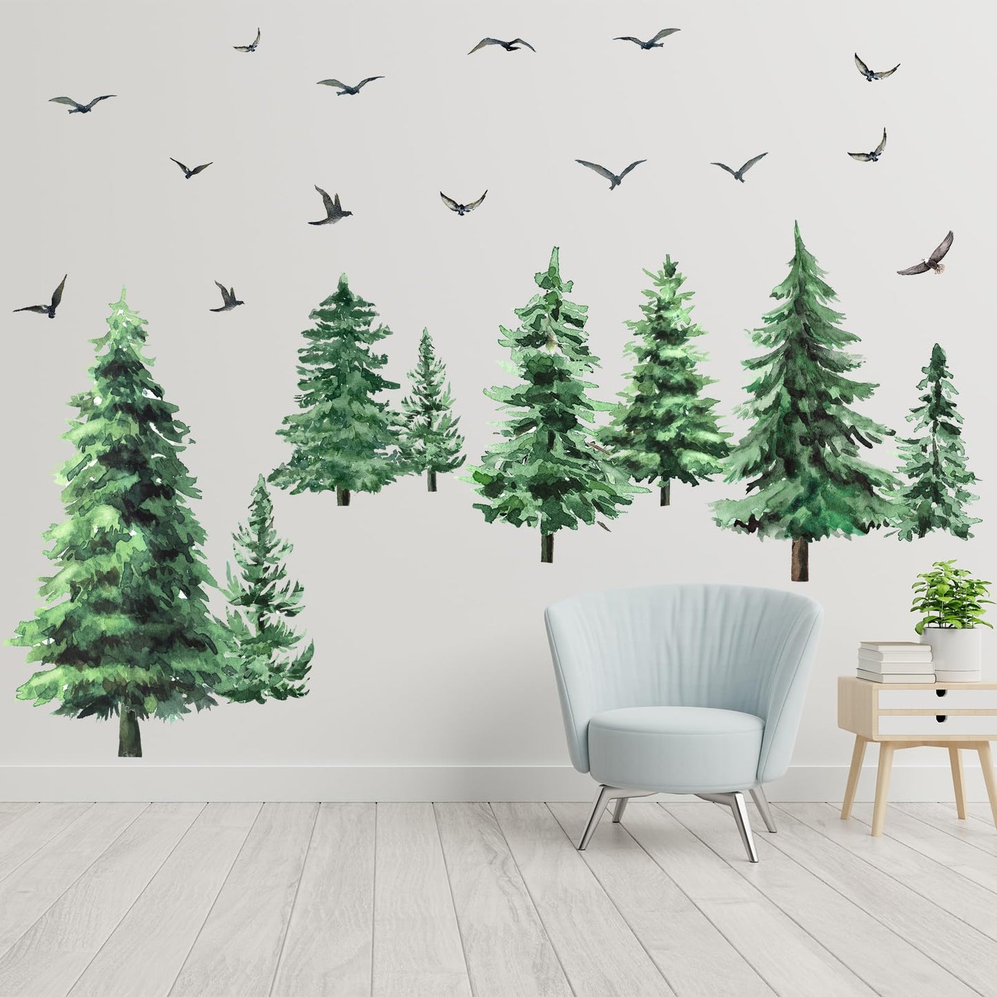 Qilery Large Pine Tree Wall Decals Winter Tree Wall Decal Watercolor Peel and Stick Forest Stickers Woodland Birds Branch Sticker for Nursery Bedroom Living Room(Classic Style)