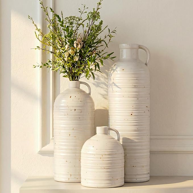 Firehold Ceramic Vase Set of 3, Rustic Farmhouse Boho Vases, Textured Country Home Decor, Small Decorative Vases for Shelves Mantel Table, Gift Set for Dried Pampas Grass & Fresh Flowers (White)