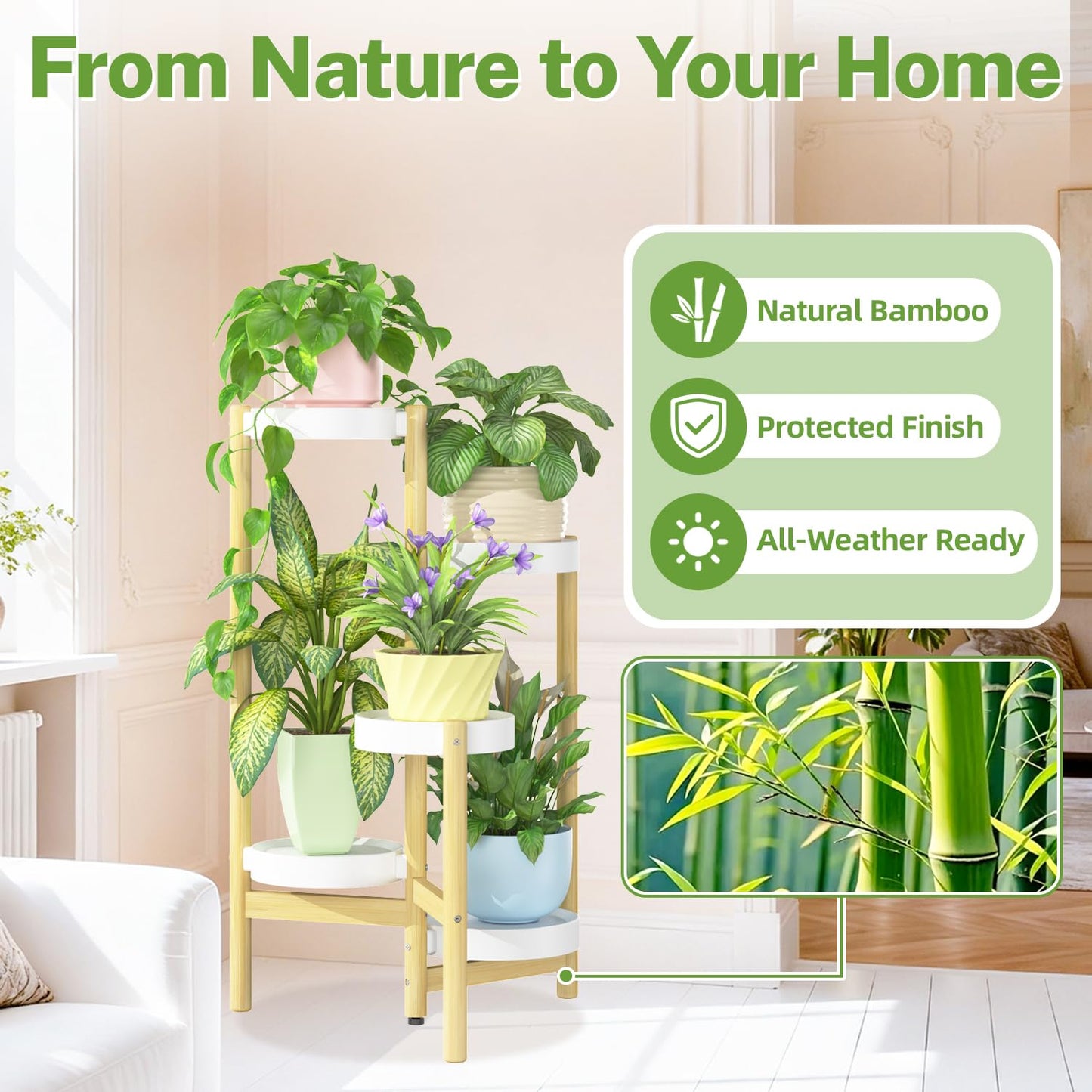 iDavosic.ly 5 Tier Bamboo Plant Stand Indoor Outdoor with Plastic Tray, Tiered Corner Flower Holder Shelf, Space Saving Orchid Display Rack for Patio Porch Living Room Garden Balcony, Natural White