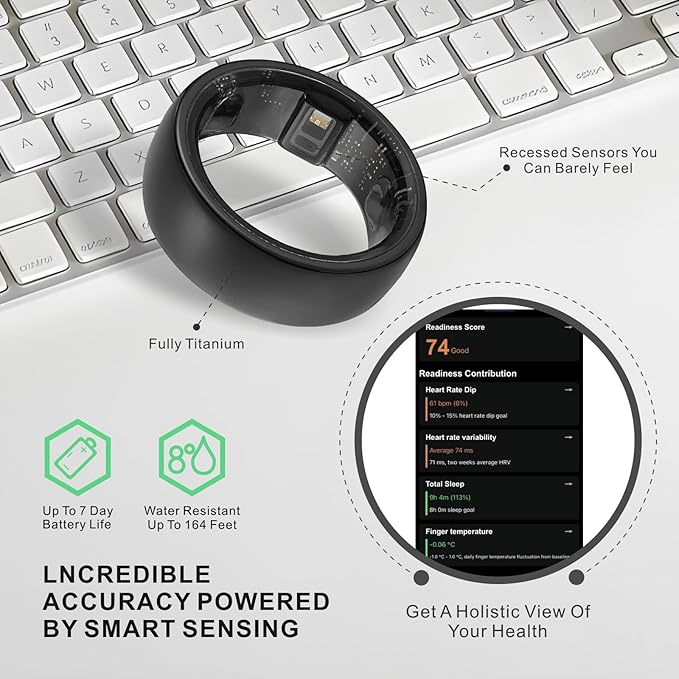 Smart Ring, Activity Trackers, Sleep Ring, Fitness Tracking, Stress Tracker, Heart Rate, Meditation, Temperature, Respiratory, No App Subscription, Women, Men, iOS, Android (Black, 13)