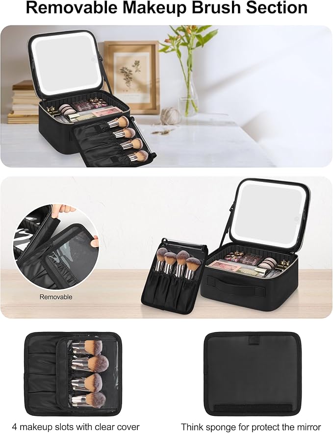 Chomeiu Makeup Bag with LED Mirror, Travel Makeup Case for Women and Makeup Artists Cosmetic Organizer Large Make Up Bags with Light Up Mirror, 3 Color Lights, Adjustable Dividers and Brush Holder
