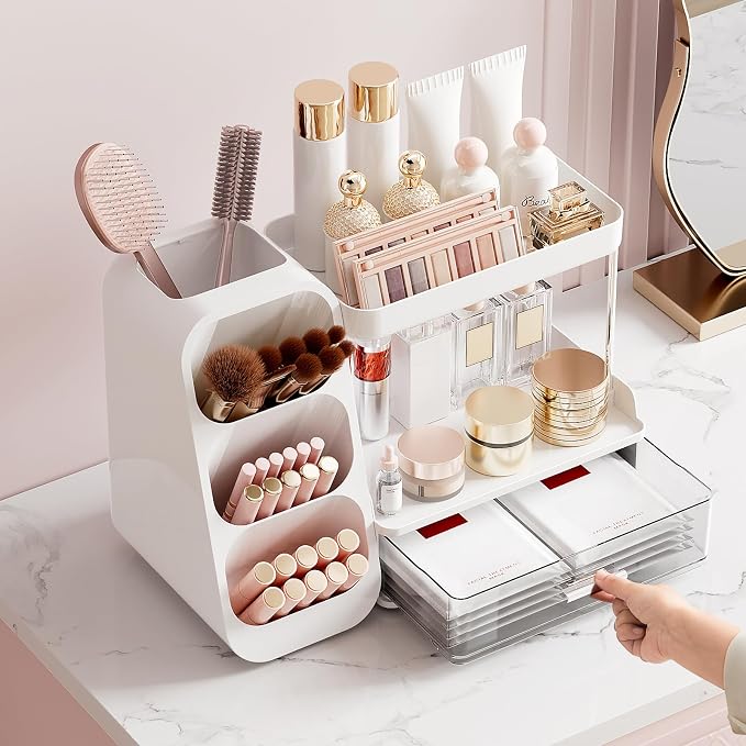 UFORU Makeup Organizer for Vanity with Brush Holder, 2 Tiers Countertop Skincare, Cologne Organizer and Perfume Stand for Bathroom Vanity, Large Capacity Makeup Storage, White