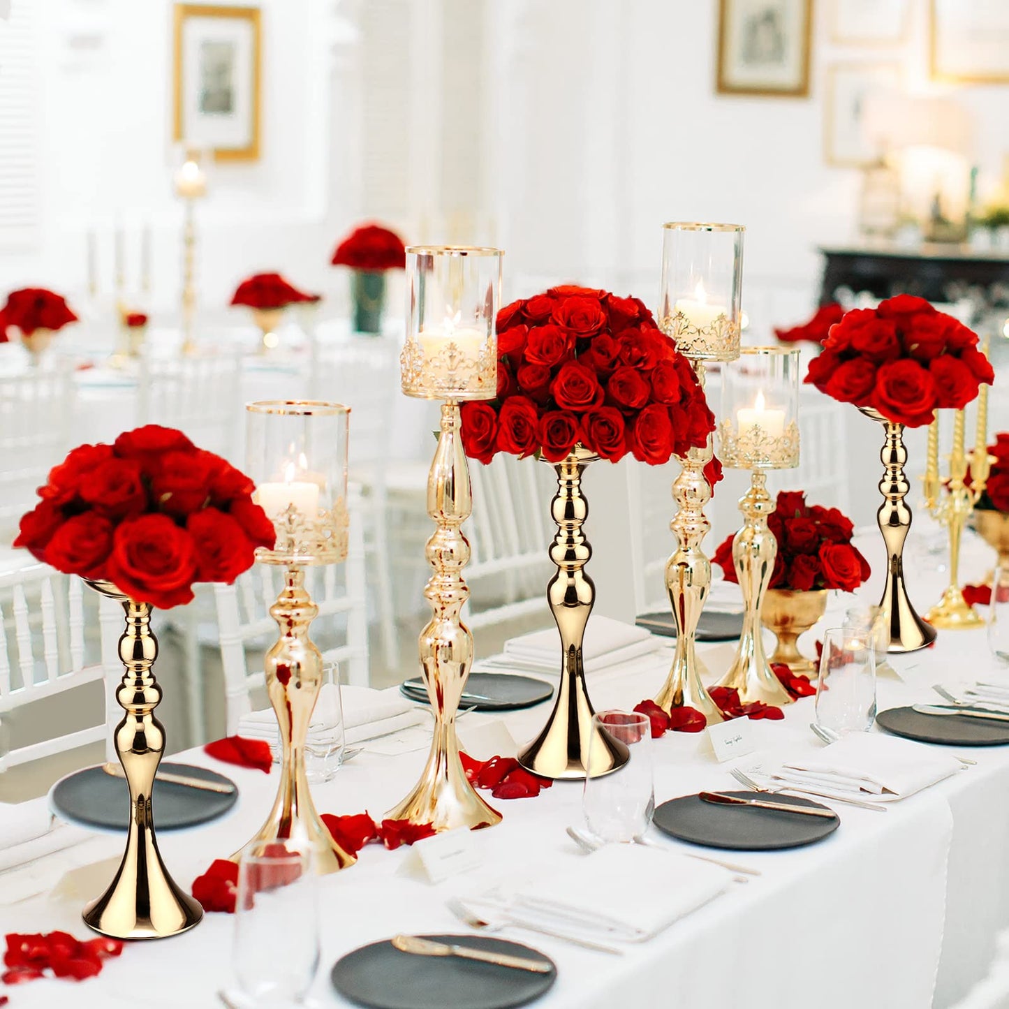 Sadnyy 16 Pcs Metal Flower Arrangements Stand Metal Wedding Centerpiece Stand Tall Table Decor Flower Vase for Wedding Reception Centerpieces Event Party Hotel Home Decor(15 Inch,Gold)