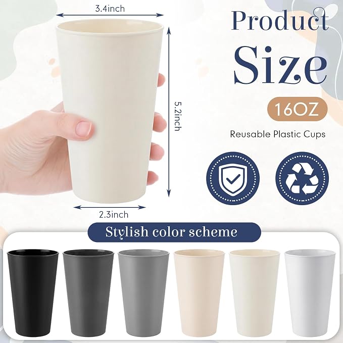 Yungyan 50 Pcs Unbreakable Plastic Cups 16oz Thickened Reusable Plastic Cup Stackable Water Tumblers Drinking Cup for Kitchen, Outdoor, Bpa-free, Dishwasher Refrigerator and Microwave(Gray Tones)